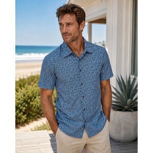 Zachary Prell Men Blue Floral Ditsy Print Short Sleeve Button Down Shirt Sz XL
